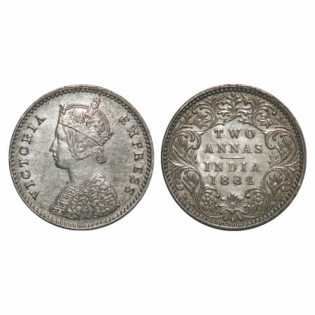 Victoria Empress, Silver, 2 Annas, 1884, Bombay Mint, A/I, No dot. F. Prid 531. GK 769. Ab