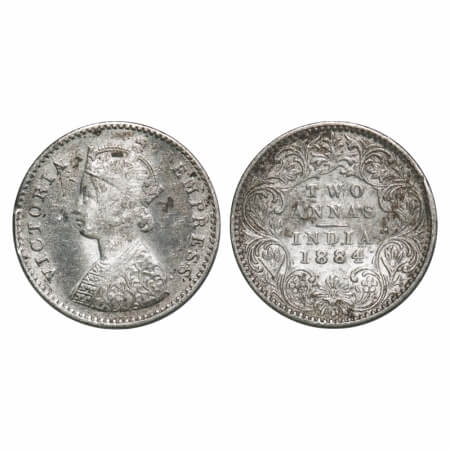 Victoria Empress, Silver, 2 Annas, 1884, Bombay Mint, A/I, No dot. F. Prid 531. GK 769. Ve