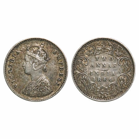 Victoria Empress, Silver, 2 Annas, 1884, Bombay Mint, A/I, No dot. F. Prid 531. GK 769. Ve