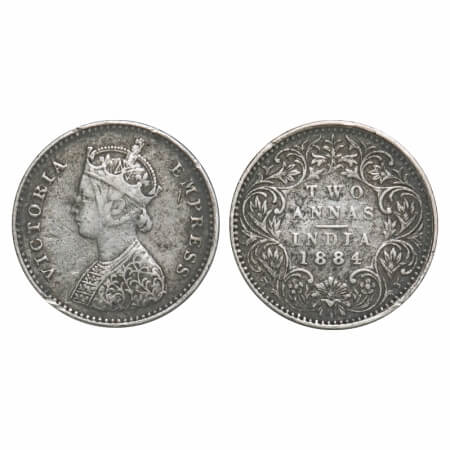 Victoria Empress, Silver, 2 Annas, 1884, Bombay Mint, A/I, 'B' raised. F. Prid. GK 771. Ve