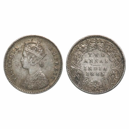 Victoria Empress, Silver, 2 Annas, 1885, Bombay Mint, A/I, No mint mark, No 'B'. F. Prid. 