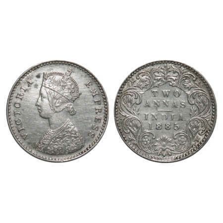 Victoria Empress, Silver, 2 Annas, 1885, Bombay Mint, A/I, 'B' raised. F. Prid 537. GK 777