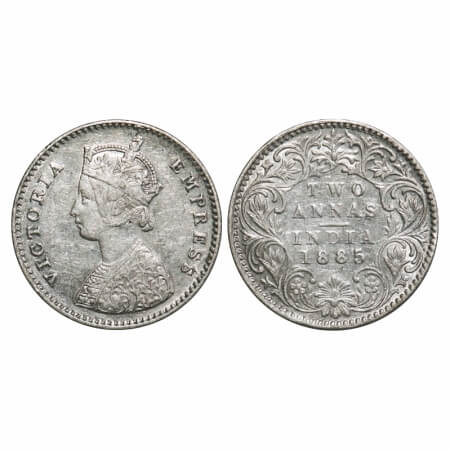 Victoria Empress, Silver, 2 Annas, 1885, Bombay Mint, A/I, 'B' raised. F. Prid 537. GK 777