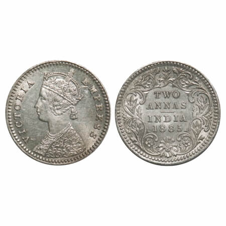 Victoria Empress, Silver, 2 Annas, 1885, Calcutta Mint, B/II, 'C' incused. F. Prid 500. GK