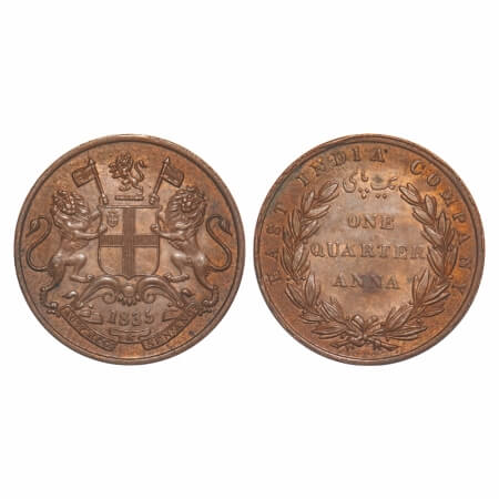 William IV, Copper, Quarter Anna, 1835, Madras Mint, B/V, Wreath with 24 Berries (13L + 11