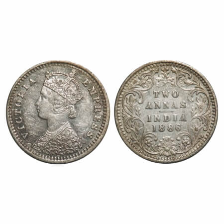 Victoria Empress, Silver, 2 Annas, 1886, Bombay Mint, B/II, 'B' incused. F. Prid 539. GK 7