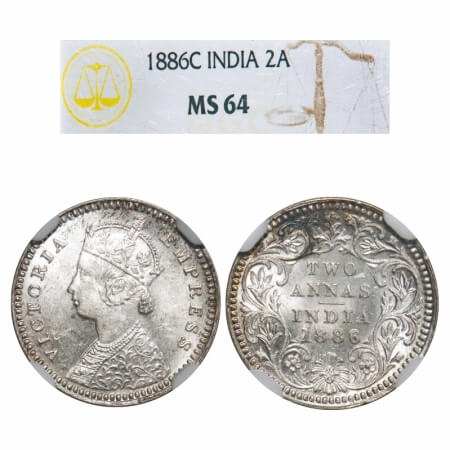 Victoria Empress, Silver, 2 Annas, 1886, Calcutta Mint, B/II, 'C' incused. F. Prid 501. GK