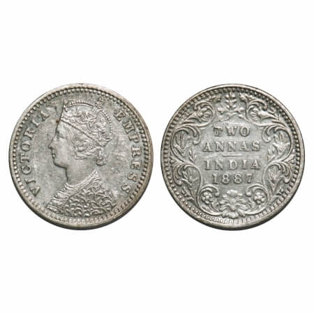Victoria Empress, Silver, 2 Annas, 1887, Bombay Mint, B/II, 'B' incused. F. Prid 540. GK 7