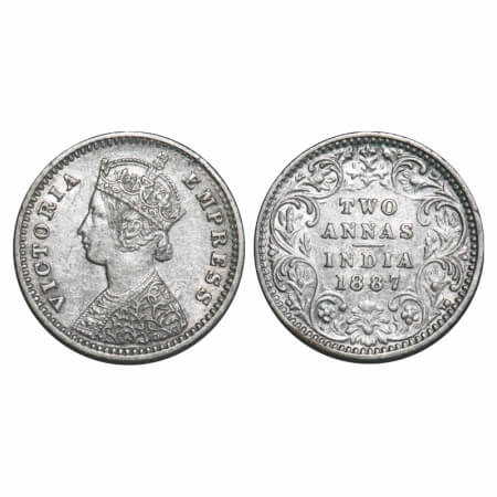 Victoria Empress, Silver, 2 Annas, 1887, Bombay Mint, B/II, 'B' incused. F. Prid 540. GK 7