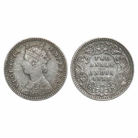 Victoria Empress, Silver, 2 Annas, 1888, Calcutta Mint, B/II, No mint mark, No 'C'. F. Pri