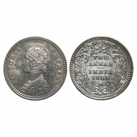 Victoria Empress, Silver, 2 Annas, 1888, Calcutta Mint, B/II, No mint mark, No C. F. Prid 