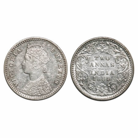 Victoria Empress, Silver, 2 Annas, 1889, Bombay Mint, B/II, 'B' incused. F. Prid 542. GK 7