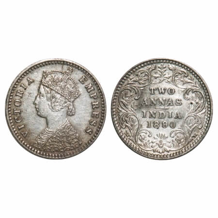 Victoria Empress, Silver, 2 Annas, 1890, Bombay Mint, B/II, No mint mark, No B. F. Prid 54
