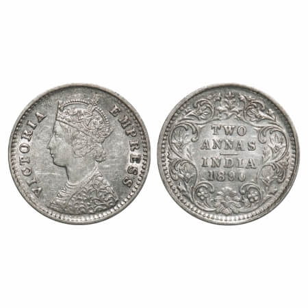 Victoria Empress, Silver, 2 Annas, 1890, Bombay Mint, B/II, 'B' incused. F. Prid 545. GK 7
