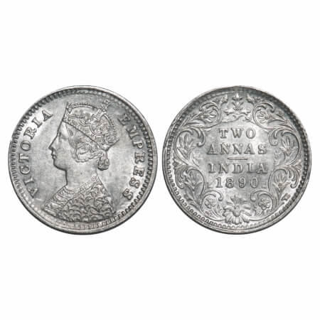 Victoria Empress, Silver, 2 Annas, 1890, Bombay Mint, B/II, 'B' incused. F. Prid 545. GK 7