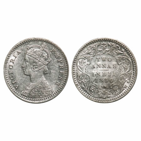 Victoria Empress, Silver, 2 Annas, 1890, Calcutta Mint, B/II, 'C' incused, Ghost on Rev. F