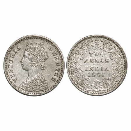Victoria Empress, Silver, 2 Annas, 1891, Bombay Mint, B/II, 'B' incused. F. Prid 546. GK 7