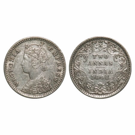 Victoria Empress, Silver, 2 Annas, 1891, Bombay Mint, B/II, 'B' incused. F. Prid 546. GK 7