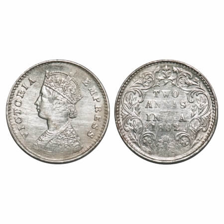 Victoria Empress, Silver, 2 Annas, 1892, Bombay Mint, B/II, 'B' incused. F. Prid 547. GK 7
