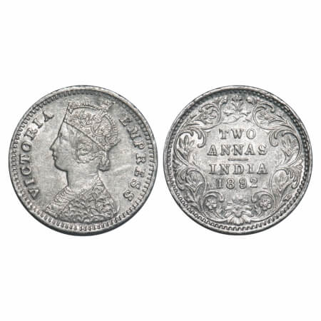 Victoria Empress, Silver, 2 Annas, 1892, Bombay Mint, B/II, 'B' incused. F. Prid 547. GK 7