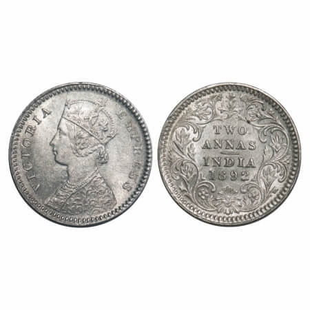 Victoria Empress, Silver, 2 Annas, 1892, Calcutta Mint, B/II, 'C' incused, Ghost on Obv an