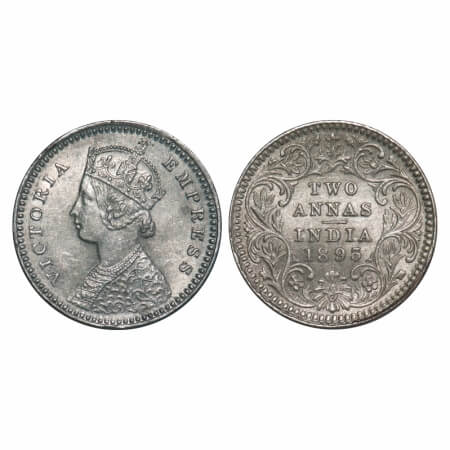 Victoria Empress, Silver, 2 Annas, 1893, Calcutta Mint, B/II, 'C' incused. F. Prid 508. GK