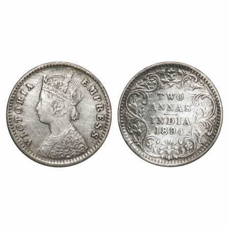 Victoria Empress, Silver, 2 Annas, 1894, Bombay Mint, B/II, 'B' incused. F. Prid 549. GK 8