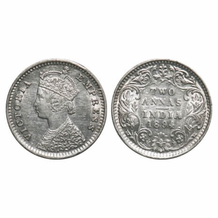 Victoria Empress, Silver, 2 Annas, 1894, Bombay Mint, B/II, 'B' incused. F. Prid 549. GK 8