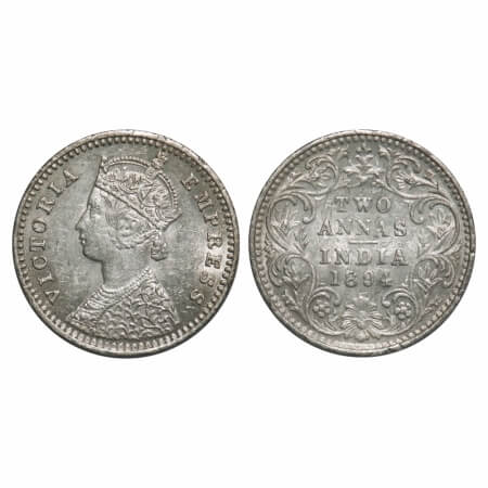 Victoria Empress, Silver, 2 Annas, 1894, Bombay Mint, B/II, 'B' incused. F. Prid 549. GK 8