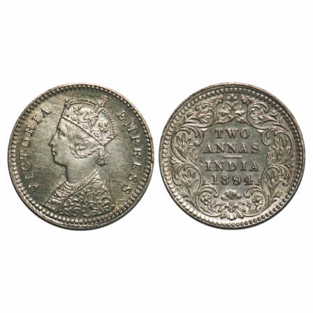 Victoria Empress, Silver, 2 Annas, 1894, Calcutta Mint, B/II, 'C' incused, Ghost on Obv an