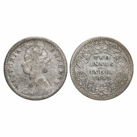 Victoria Empress, Silver, 2 Annas, 1895, Calcutta Mint, B/II, 'C' incused. F. Prid 510. GK