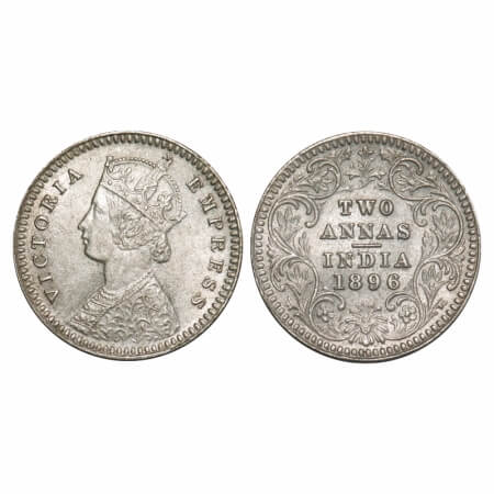 Victoria Empress, Silver, 2 Annas, 1896, Calcutta Mint, B/II, 'C' incused. F. Prid 511. GK