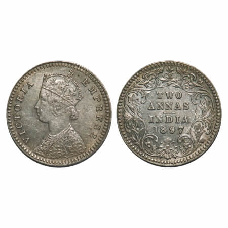 Victoria Empress, Silver, 2 Annas, 1897, Calcutta Mint, B/II, 'C' incused, Ghost on Rev. F