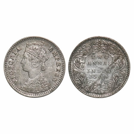 Victoria Empress, Silver, 2 Annas, 1900, Bombay Mint, B/I, 'B' raised. F. Prid 553. GK 812