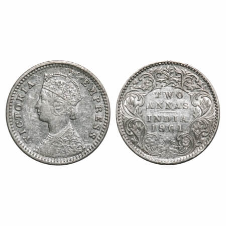 Victoria Empress, Silver, 2 Annas, 1901, Bombay Mint, B/I, 'B' incused. F. Prid 555. GK 81