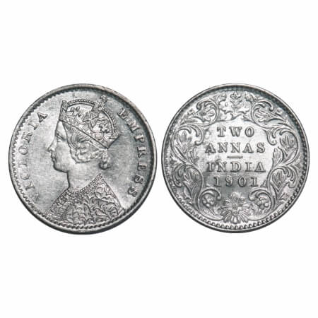 Victoria Empress, Silver, 2 Annas, 1901, Calcutta Mint, B/II, 'C' incused. F. Prid 515. GK