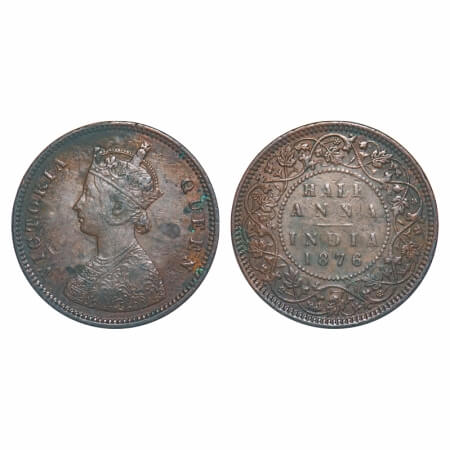 Victoria Queen, Copper, Half Anna, 1876, Calcutta Mint, B/II. F. Prid 584. GK 819. Very Fi