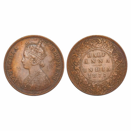 Victoria Empress, Copper, Half Anna, 1877, Bombay Mint, B/II, Narrow numeral 77. F. Prid 5