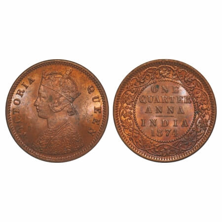 Victoria Queen, Copper, Quarter Anna, 1874, Calcutta Mint, B/II, No mint mark, Mechanical 