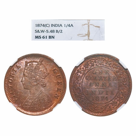 Victoria Queen, Copper, Quarter Anna, 1874, Calcutta Mint, B/II, No mint mark. F. Prid 608