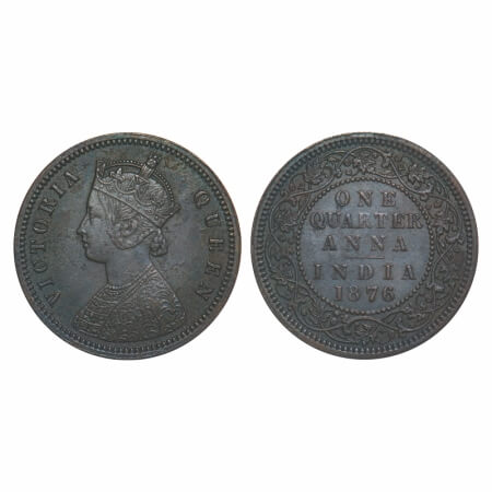 Victoria Queen, Copper, Quarter Anna, 1876, Calcutta Mint, B/II, No mint mark. F. Prid 610