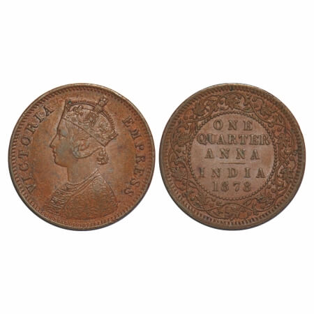 Victoria Empress, Copper, Quarter Anna, 1878, Calcutta Mint, B/II, No mint mark. F. Prid 6