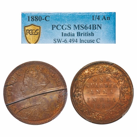 Victoria Empress, Copper, Quarter Anna, 1880, Calcutta Mint, B/II, 'C' incused, Crack on O