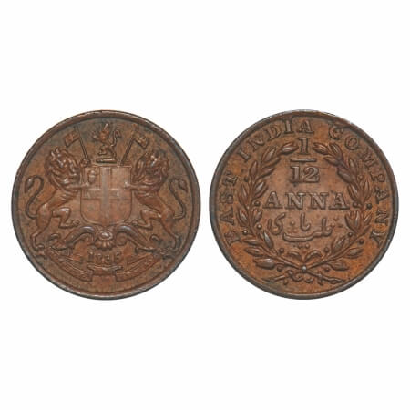 William IV, Copper, 1/12 Anna, 1835, Madras Mint, Rev 1, Rev aligned, Wreath with 13 Berri