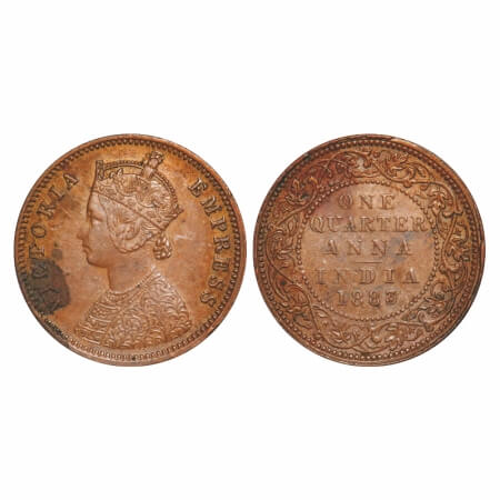 Victoria Empress, Copper, Quarter Anna, 1883, Bombay Mint, B/I, No mint mark. F. Prid 639.