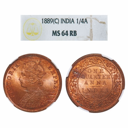 Victoria Empress, Copper, Quarter Anna, 1889, Calcutta Mint, B/II, No mint mark. F. Prid 6