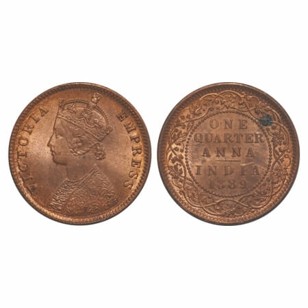 Victoria Empress, Copper, Quarter Anna, 1889, Calcutta Mint, B/II, No mint mark, Die crack