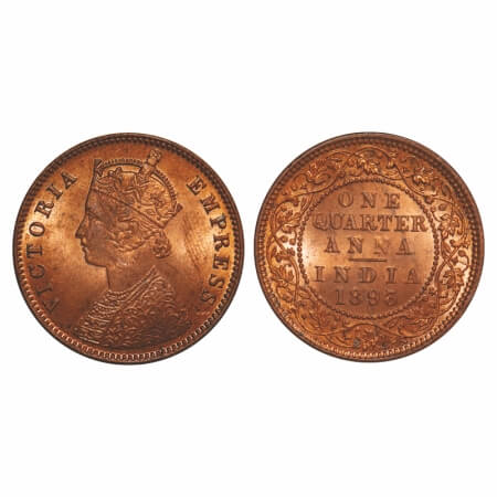 Victoria Empress, Copper, Quarter Anna, 1893, Calcutta Mint, B/II, No mint mark, Die crack