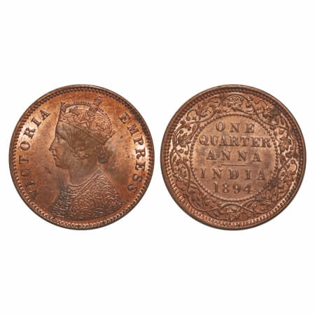 Victoria Empress, Copper, Quarter Anna, 1894, Calcutta Mint, B/II, No mint mark, Die crack