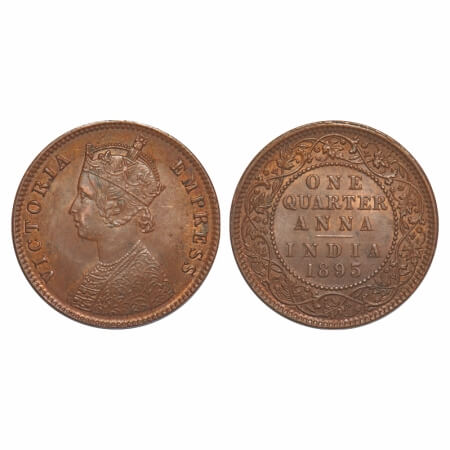 Victoria Empress, Copper, Quarter Anna, 1895, Calcutta Mint, B/II, No mint mark. F. Prid 6